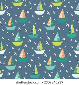 Modern Hand Draw Boat Cartoon Vector Background Pattern Seamless