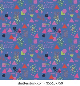 Modern hand draw colorful abstract seamless pattern with geometrical shapes: circles, triangles, lines. Vector illustration.