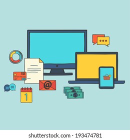 Modern hand draw icons vector collection, web design objects: business, office and marketing items