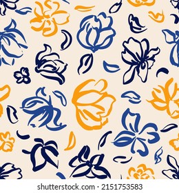 Modern, Hand Drawn Abstract Flower Heads With Leaves Seamless Repeat Pattern. Random Placed, Line Art Vector Bloomin Floral All Over Surface Print On White Background.