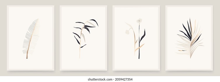 Modern hand drawn abstract plant art design illustrations. Trendy minimal floral print set.
White, pastel, beige, gold colors.