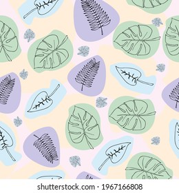 Modern hand drawn abstract seamless pattern with monstera and organic shapes.
