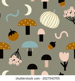 Modern hand drawn autumn pattern with abstract mushrooms, acorns, berries. Cute autumn print in childish style for fabric design, wallpaper, wrapping paper