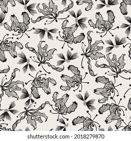Modern hand drawn Black and white line art flowers seamless pattern in vector EPS10 ,Design for fashion, fabric,web,wallpaper,wrapping and all print 