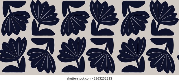 Modern hand drawn blue flowers ornament seamless pattern Abstract trendy print.