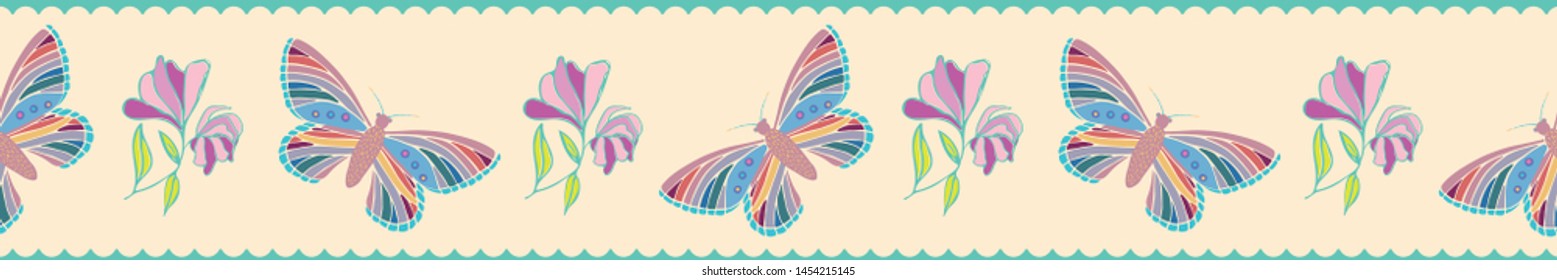 Modern hand drawn butterflies and flowers border. Seamless vector pattern on scalloped pastel stripe with blue background. Great for wellness, beauty products, stationery, giftwrap