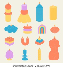 Modern hand drawn candles set. Set of colored candles of different shapes and sizes. Soy wax, sculptural, artisan, aesthetic candles. Vector flat illustration isolated on background.