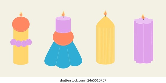 Conjunto de velas dibujadas a mano moderna. Conjunto de velas de colores de diferentes Formas y tamaños. Cera de soja, escultural, artesanal, velas estéticas. Ilustración plana de Vector aislada en el fondo.