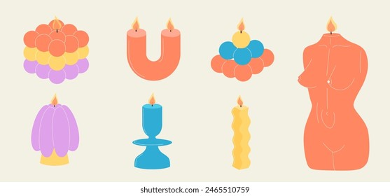 Conjunto de velas dibujadas a mano moderna. Conjunto de velas de colores de diferentes Formas y tamaños. Cera de soja, escultural, artesanal, velas estéticas. Ilustración plana de Vector aislada en el fondo.