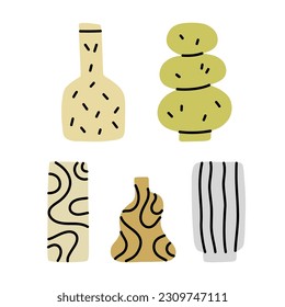 Modern hand drawn ceramic vase set. Different shapes. Simple vector illustration.