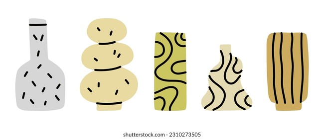Modern hand drawn ceramic vase set. Different shapes. Simple vector illustration.