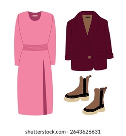 Modern hand drawn clothes outfit with pink dress, dark red jacket and shoes shopping illustration. Trendy flat design for e-commerce retail projects. Simple vector art for digital and print use