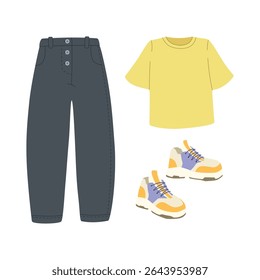Modern hand drawn clothes outfit with yellow and grey jeans, shirt and sneakers shopping illustration. Trendy flat design for e-commerce retail projects. Simple vector art for digital and print use