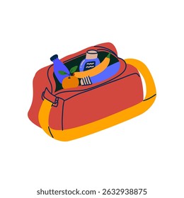 Modern hand drawn colorful illustration with cooler bag with fruits and water. Sport or gym bag graphic design. 