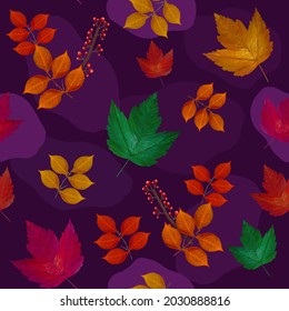 A Modern, Hand Drawn Colorful, Vibrant Fall Leaves on a Purple Background. A fall background for the prints, wrapping paper, fabrics,packaging, ads