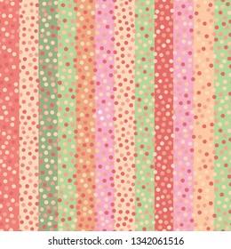 Modern hand drawn confetti dots on multicolor striped background in soft tropical colours. Bright seamless vector pattern. Great for wedding, wellbeing, organic, beauty, spa, giftwrap, stationery.