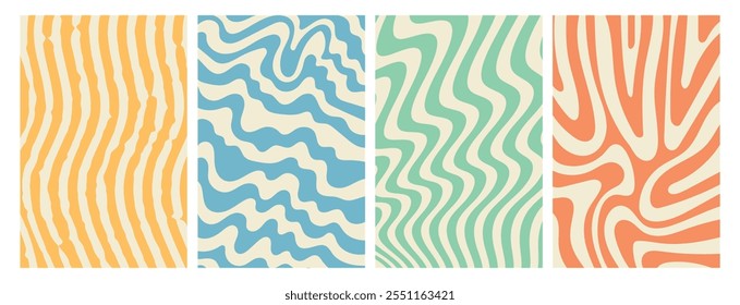 Modern hand drawn cover design set. Abstract wavy line pattern in red, blue, green, yellow color. Creative stripe vector collection for business background, brochure template, booklet, flyer