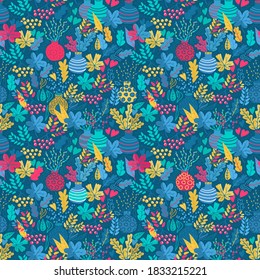 Modern hand drawn dark seamless pattern. Colorful sticks with berries, leaves, fall season. Nice handmade vases with decoration. Textile or paper design with floral ornaments.