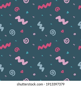 El doodle moderno dibujado a mano combina a la perfección con los adorables elementos giratorios y de chevron para la decoración. Ilustración vectorial aislada en fondo azul.