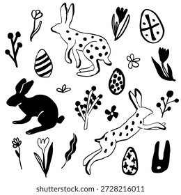 Clipart de conejito de Pascua dibujado a mano moderno, estilo escandinavo ingenuo de Folk