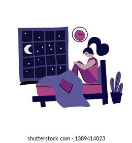 Modern hand drawn flat concept with sad unhappy young woman sitting on a bed at Night.