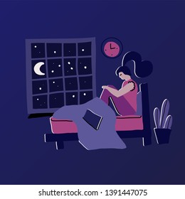 Modern hand drawn flat concept with sad unhappy young woman sitting on a bed at Night. Bed wirh blanket near window with moon