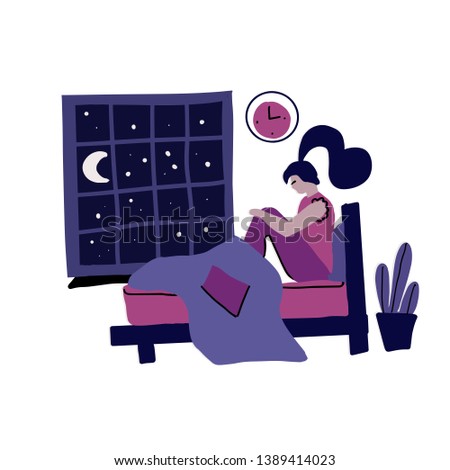 Modern hand drawn flat concept with sad unhappy young woman sitting on a bed at Night.