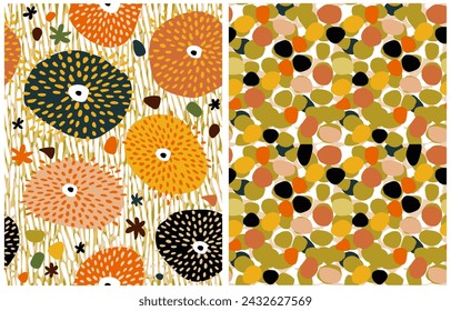 Modern Hand Drawn Floral Irregular Seamless Vector Pattern with Orange, Yellow and Black Flowers on a Green Background. Trendy Infantile Style Abstract Garden Pattern. Simple Dotted Endless Print.RGB.