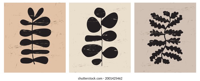 Modern Hand Drawn Floral Vector Illustration. Black Exotic Flowers, Twigs and Leaves Isolated on a Brown and Beige Background. Simple Infantile Style Abstract Tropical Garden Prints.
