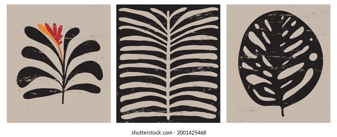Modern Hand Drawn Floral Vector Illustration. Black and Beige Exotic Flowers, Twigs and Leaves Isolated on a Brown and Black Background. Simple Infantile Style Abstract Tropical Garden Prints.