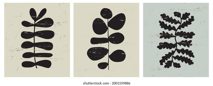 Modern Hand Drawn Floral Vector Illustration. Black Exotic Flowers, Twigs and Leaves Isolated on a Pale Green Background. Simple Infantile Style Abstract Tropical Garden Prints.