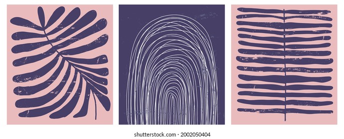 Modern Hand Drawn Floral Vector Illustration. Violet Twigs and White Arcs Isolated on a Pink and Dark Violet Background. Simple Infantile Style Abstract Tropical Garden and Geometric Prints.