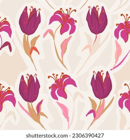 Patrón moderno de flores dibujadas a mano. Hermosa huella botánica romántica. Plantilla de diseño de moda. 