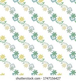 Modern hand drawn flowers seamless vector pattern background. Diagonal rows of painterly flowers with offset color on white backdrop. Geometric botanical design. All over print for beauty packaging
