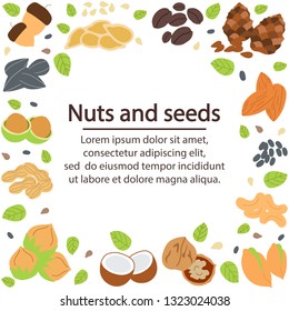 Modern hand drawn frame with different nuts and seeds. Organic healthy food concept. Vector background for your design