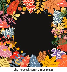 Modern hand drawn frame with different flowers and leaves. Autumn concept. Vector frame 