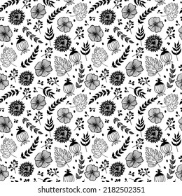 Modern hand drawn illustration with black doodle flower pattern on white background. Brush black leaves and flowers. Black  ink illustration with abstract floral motif.