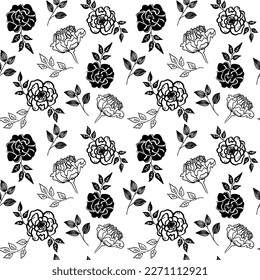 Modern hand drawn illustration with black  flowers rose seamless pattern on white background. Vector abstract illustration. Floral hand drawn design.Trendy sketch  with black  flowers roses.