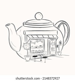 Modern hand drawn illustration of tea shop 

