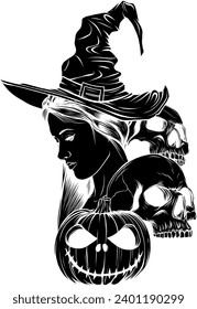 Modern hand drawn illustration of witch and skull