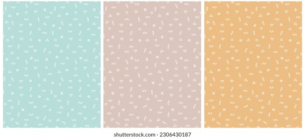 Modern Hand Drawn Irregular Geometric Vector Patterns. White Triangles, Circles, Zig Zags and Swirls on a Light Blue, Coral Pin and Pastel Yellow Background. Simple Abstract Doodles Vector Print.