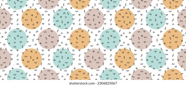 Modern Hand Drawn Irregular Geometric Vector Pattern with Black Triangles, Circles, Zig Zags and Swirls on a Light Blue, Coral Pink and Pastel Yellow Dots. Simple Abstract Doodles Vector Print.