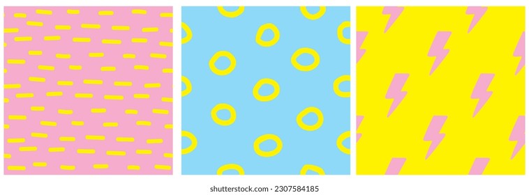 Modern Hand Drawn Irregular Geometric Vector Pattern with Yellow Circles and Striper on a Light Blue and Pastel Pink Background. Simple Abstract Doodles Vector Print. Pink Thunderbolts Endless Print.