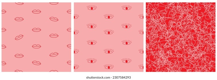 Patrón de vectores giratorios irregulares de mano moderna con ojos y labios rojos en un fondo rosado pastel. Sencilla impresión sin fin de vectores de Doodles abstractos con guijarros infantiles de manos libres color rosa claro sobre un rojo. 