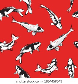 Modern hand drawn Koi fish vector illustration japanese carp oriental koi seamless pattern vector EPS10,Design for fashion , fabric, textile, wallpaper, cover, web , wrapping and all prints on Red