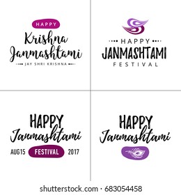 Modern hand drawn lettering Happy Janmashtami. Indian festival Krishna. Calligraphy for greeting card or banner. Usable for banners, greeting cards, t-shirts, print, logo.