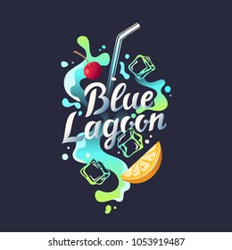 Modern hand drawn lettering label for alcohol cocktail Blue Lagoon. Handwritten inscriptions for layout and template. Vector illustration of text.