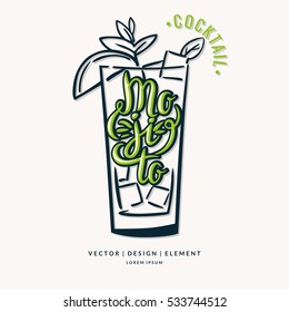 Modern hand drawn lettering label for alcohol cocktail Mojito. Calligraphy brush and ink. Handwritten inscriptions for layout and template. Vector illustration of text.