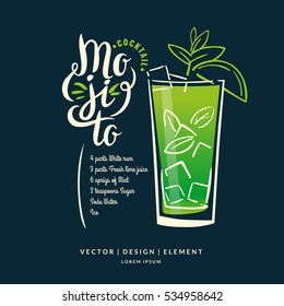 Modern hand drawn lettering label for alcohol cocktail Mojito. Calligraphy brush and ink. Handwritten inscriptions for layout and template. Vector illustration of text.