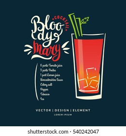 Modern hand drawn lettering label for alcohol cocktail Bloody Mary. Calligraphy brush and ink. Handwritten inscriptions for layout and template. Vector illustration of text.